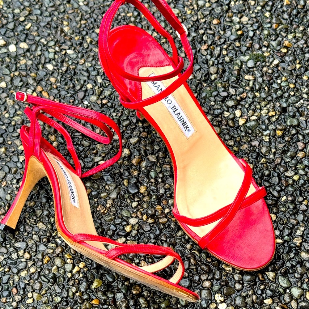 Manolo Blahnik Red Leather Strap Heels